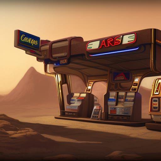 Retro Gas Station on Mars: Detailed Matte Painting