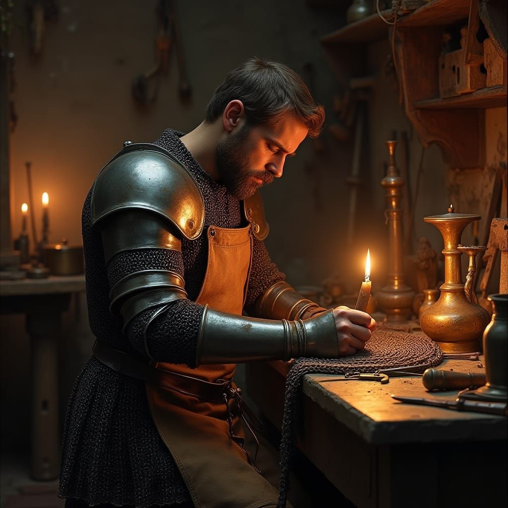 Medieval Knight Crafts Armor by Candlelight in Hyperrealisti...