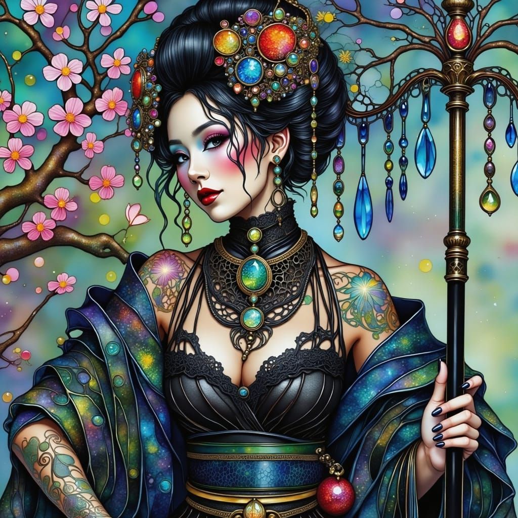 Geisha in Goth-Punk Style with Cherry Blossom Tattoos
