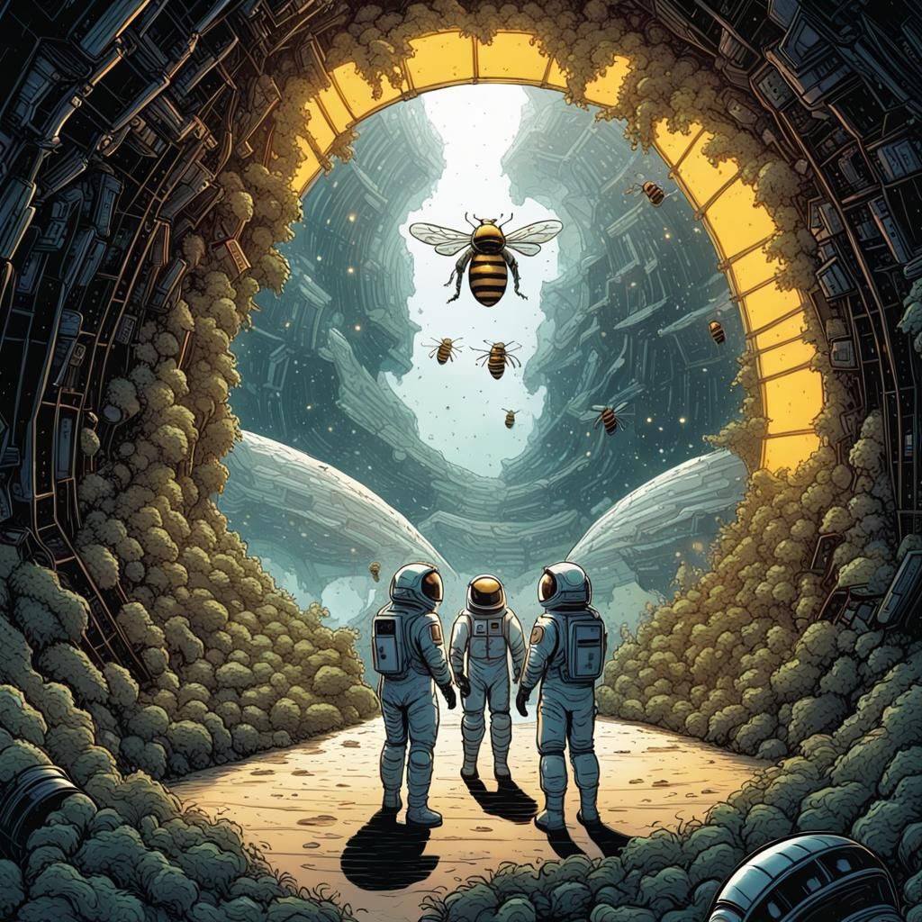 Astronauts Explore Giant Bee Colony in Comic Book Art