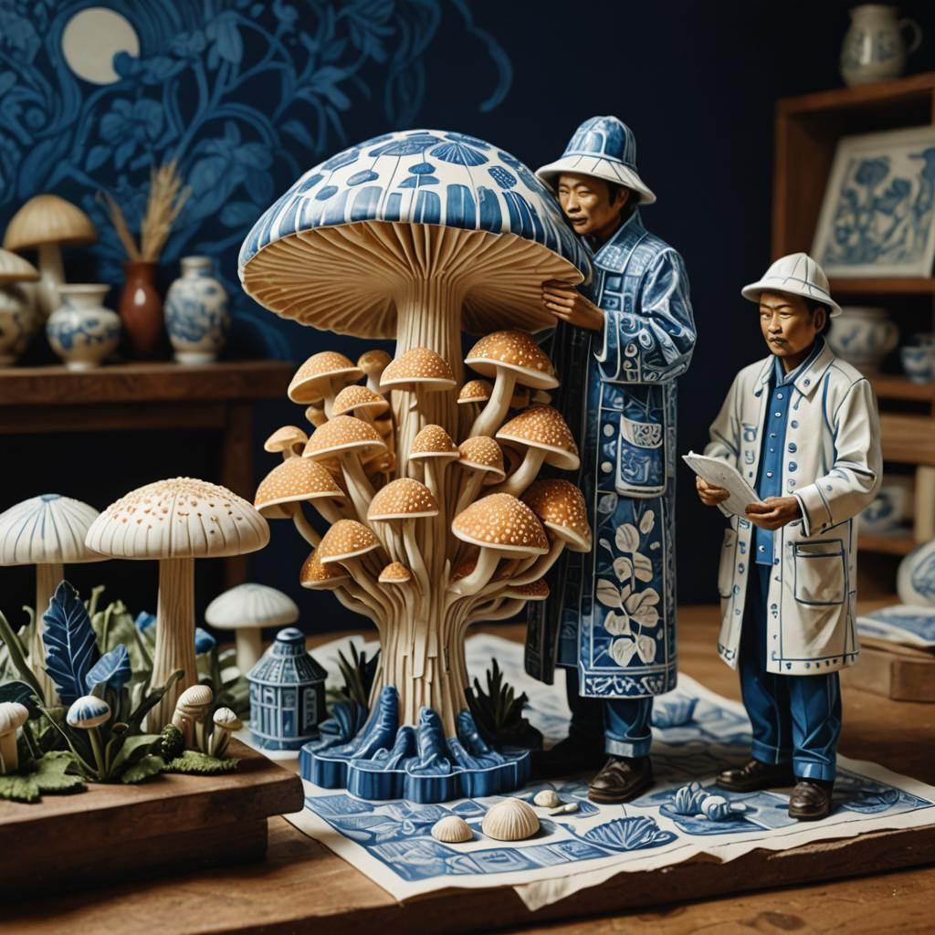 Indonesian Workers Tend Giant Mushrooms: Linocut Print