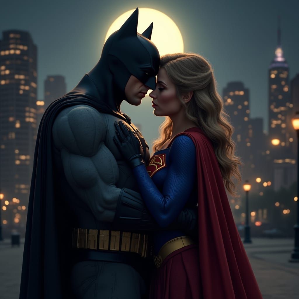Batman and Supergirl Embrace in Gotham Night