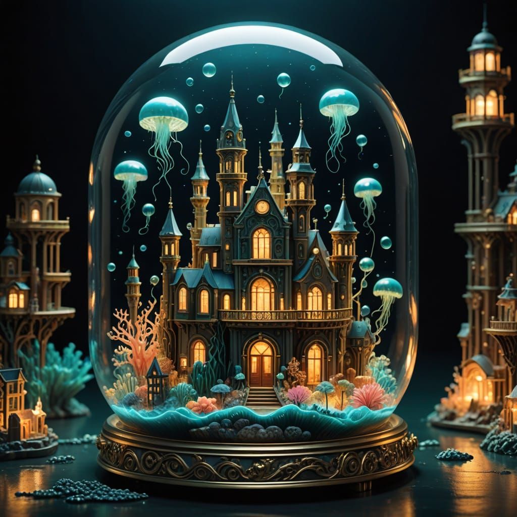 Golden City in a Bottle, Surreal Bioluminescent Ocean