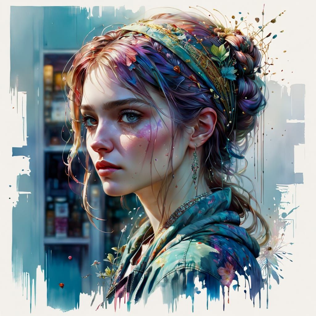 Girl in Whimsical Shop Fantasy Scene