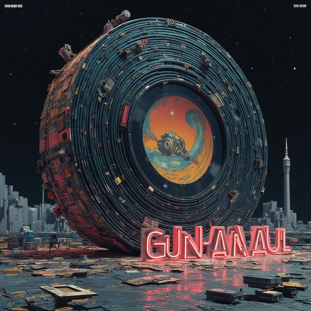 Surreal Space Station Made from Vinyl Records in a Galaxy