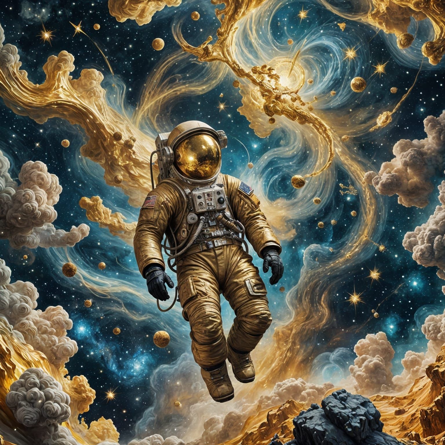 Golden Astronaut in Starry Night Sky, Van Gogh Style