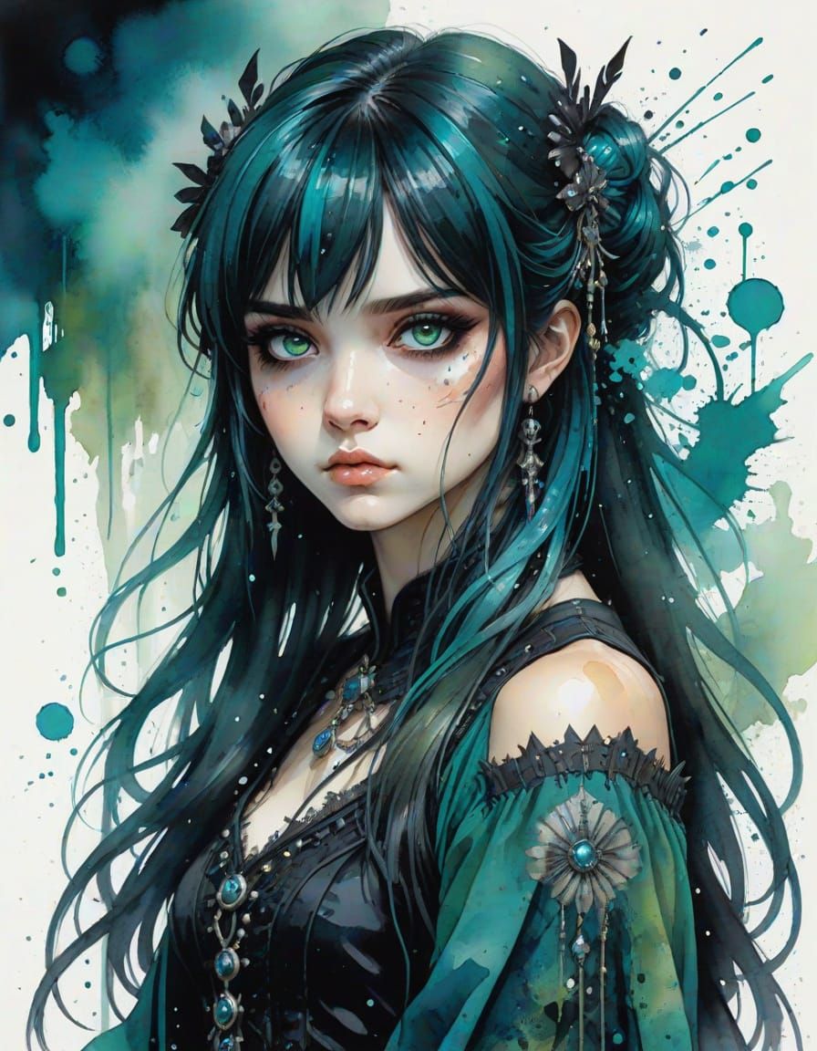 Emerald Goth Girl Portrait in Dark Fantasy Style
