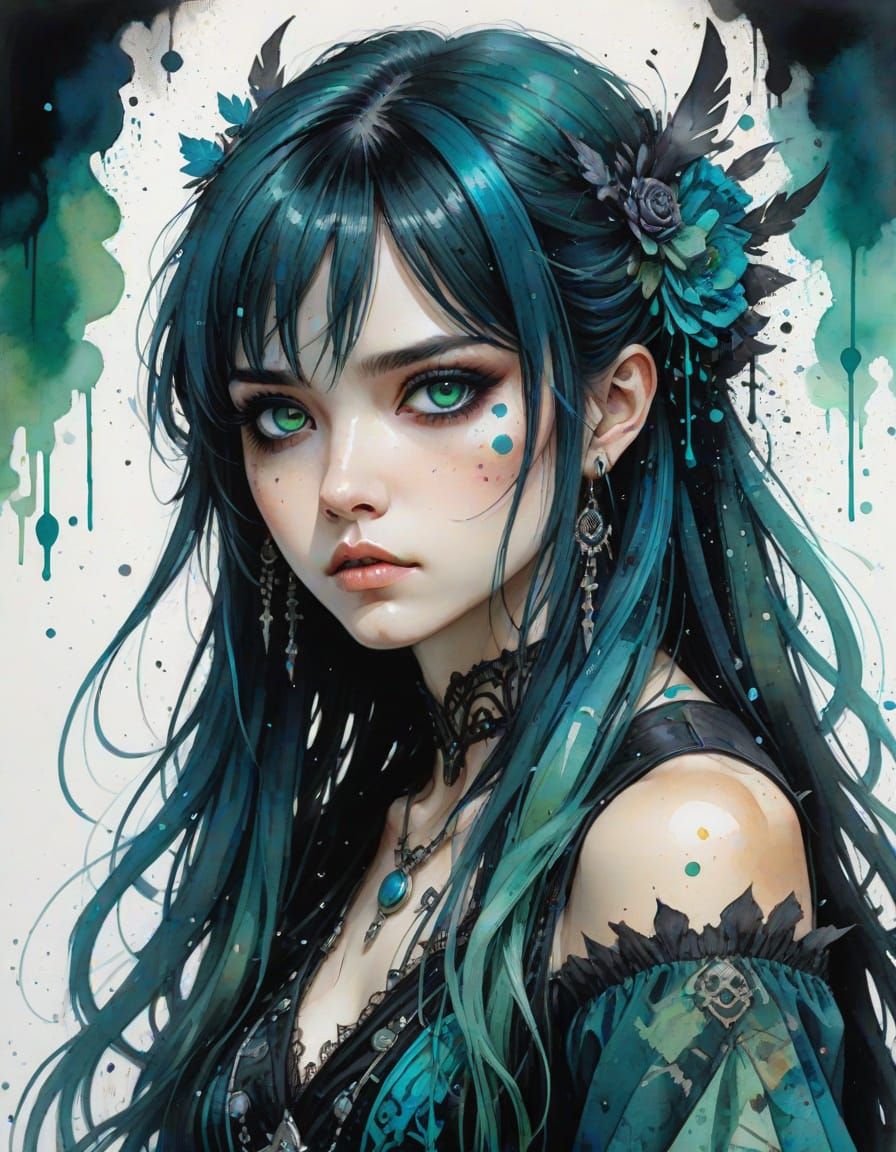 Emerald Goth Girl Portrait in Watercolor Fantasy Style