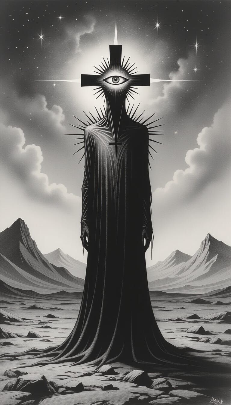 Monochrome Charcoal Figure with All-Seeing Eye in Mountain L...