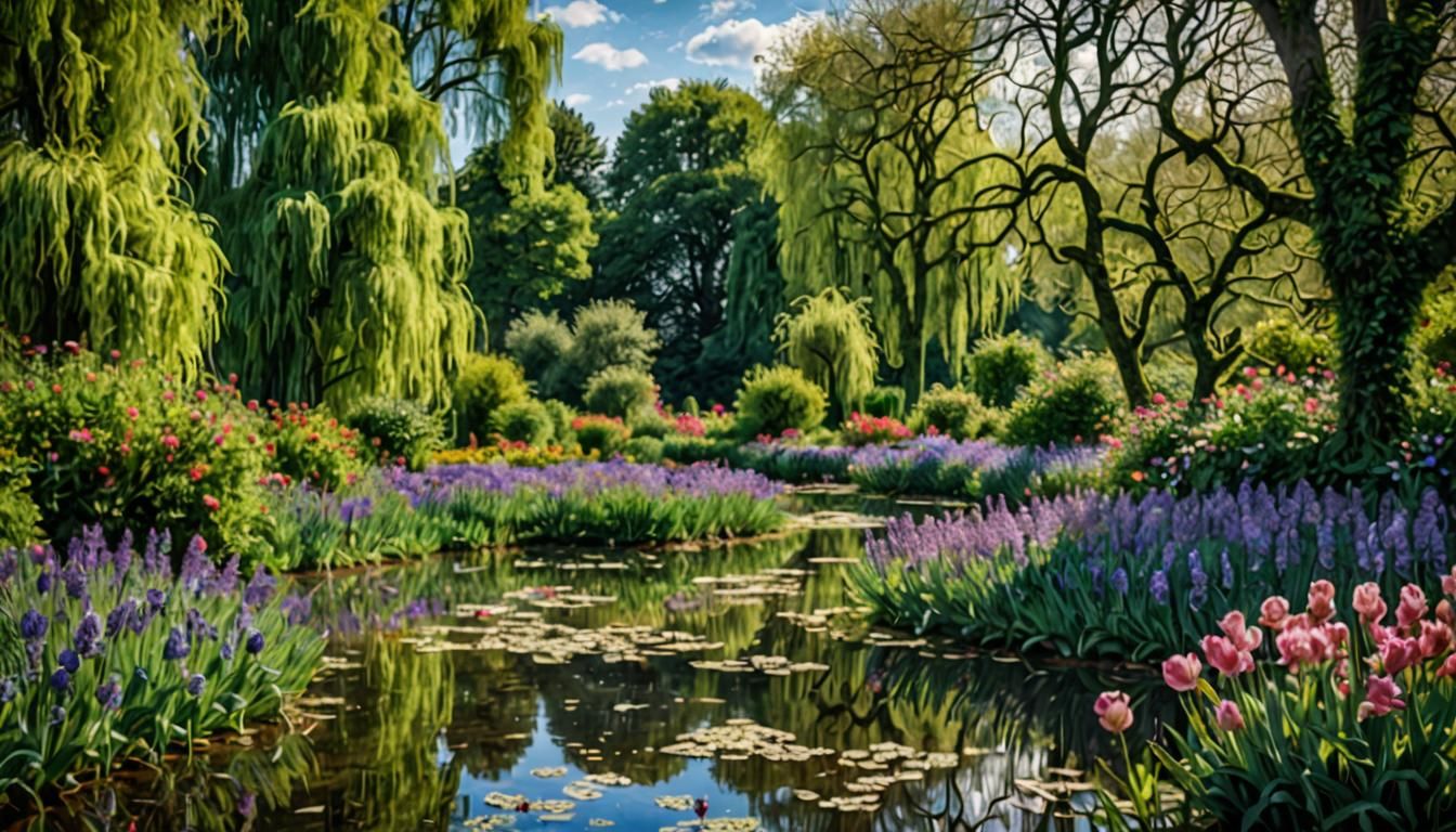 Giverny Flower Field with Mirror, Impressionist Style