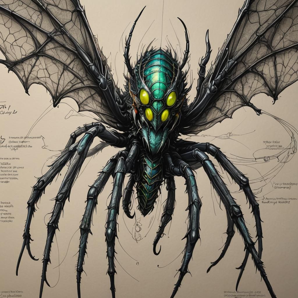 Ink draw of a giant spider dragon winged by natgeo, as biolo...