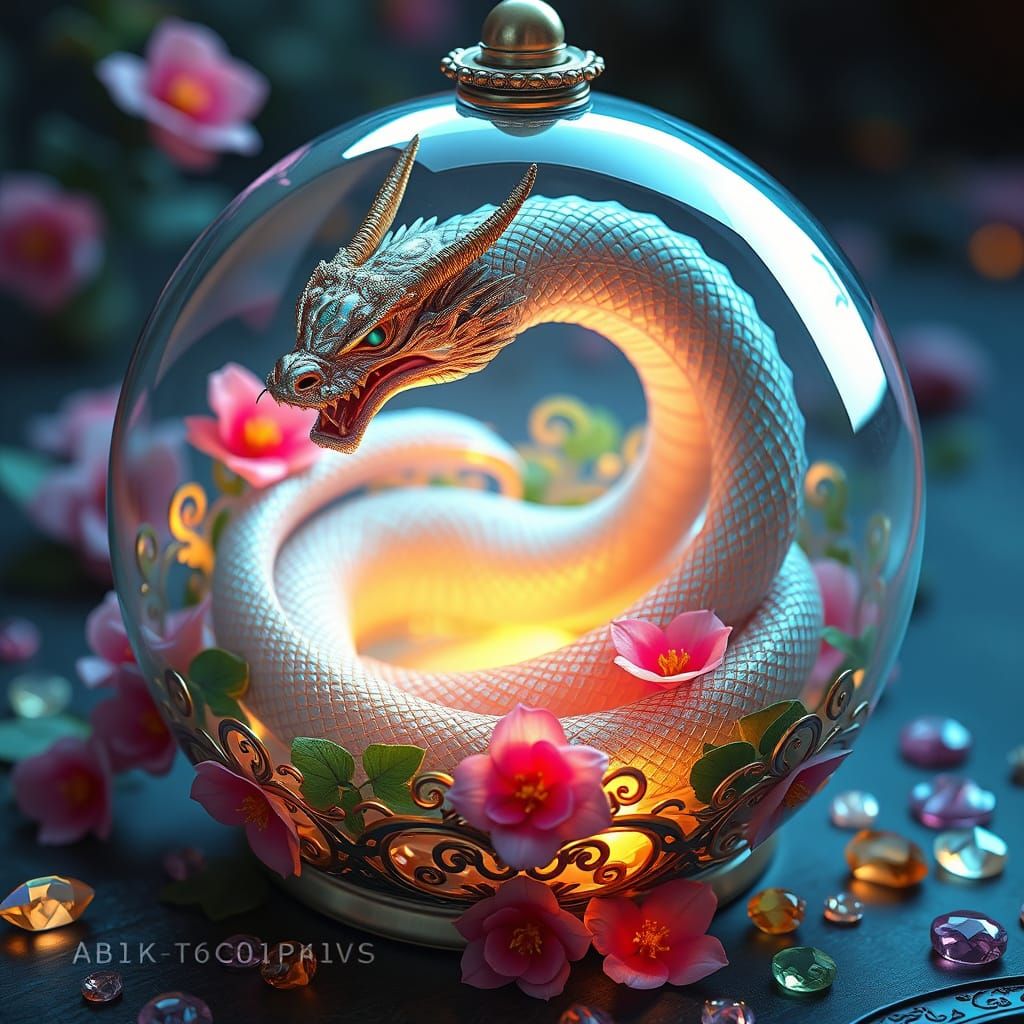 Ethereal Snake Dragon in Delicate Jar with Vibrant Flowers a...
