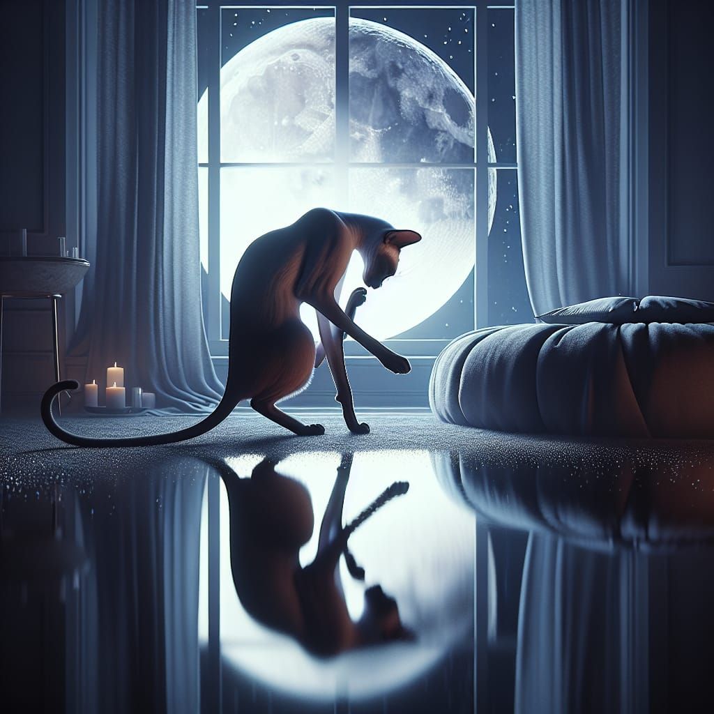 Elegant Siamese Cat Grooming in Moonlight, 8K