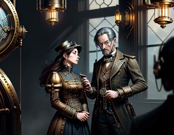 Steampunk Twins in Time Machine: Cinematic Digital Art