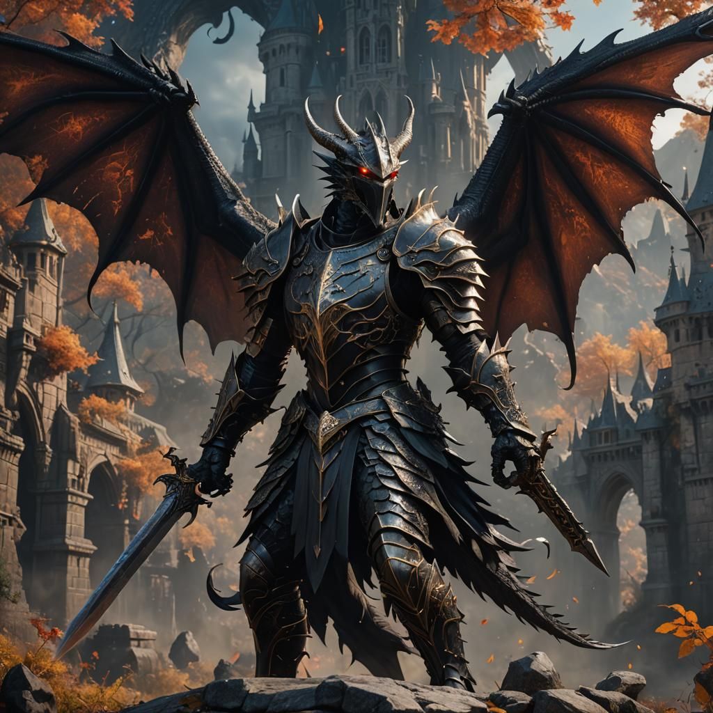 Winged Black Dragon Knight: Fantasy Concept Art