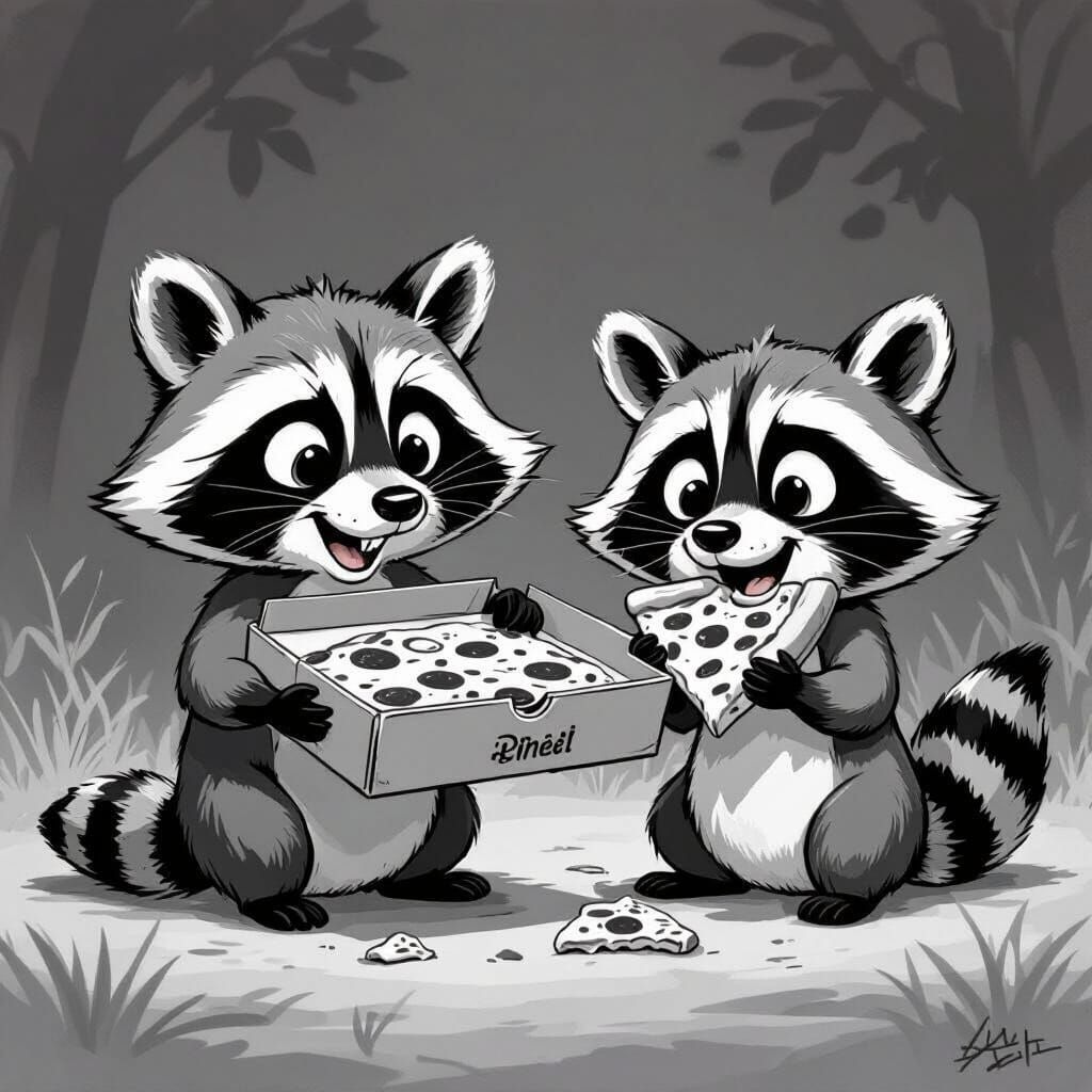 Raccoons Share Pizza: A Playful Black and White Cartoon