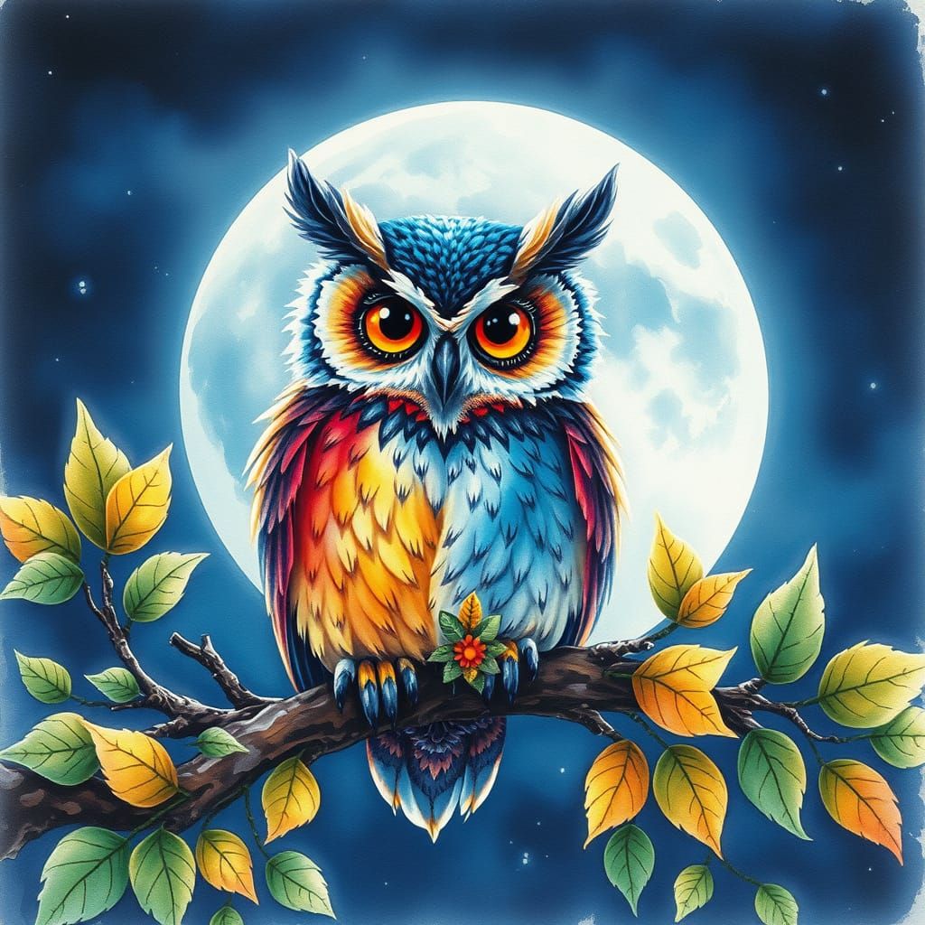 Whimsical Moonlit Owl in Watercolor