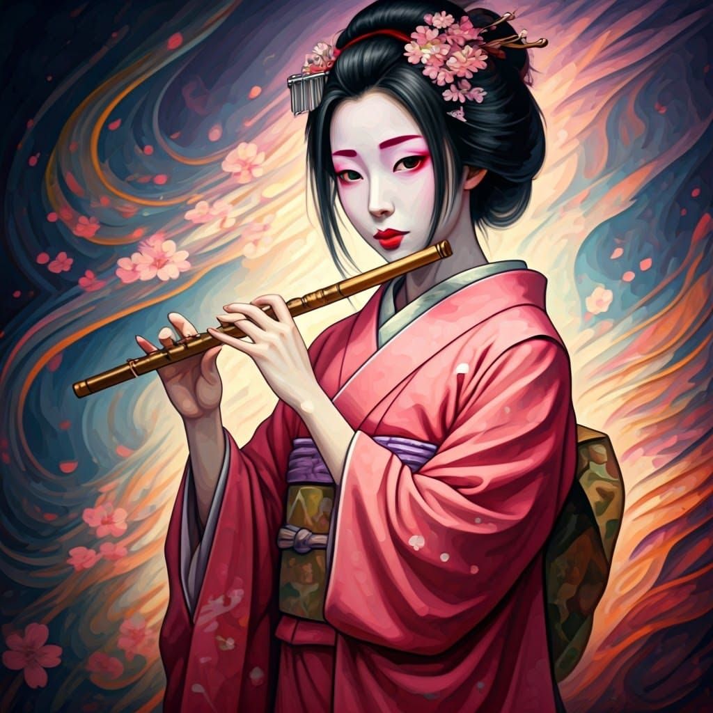 Geisha Flute Player in Impressionist Cherry Garden