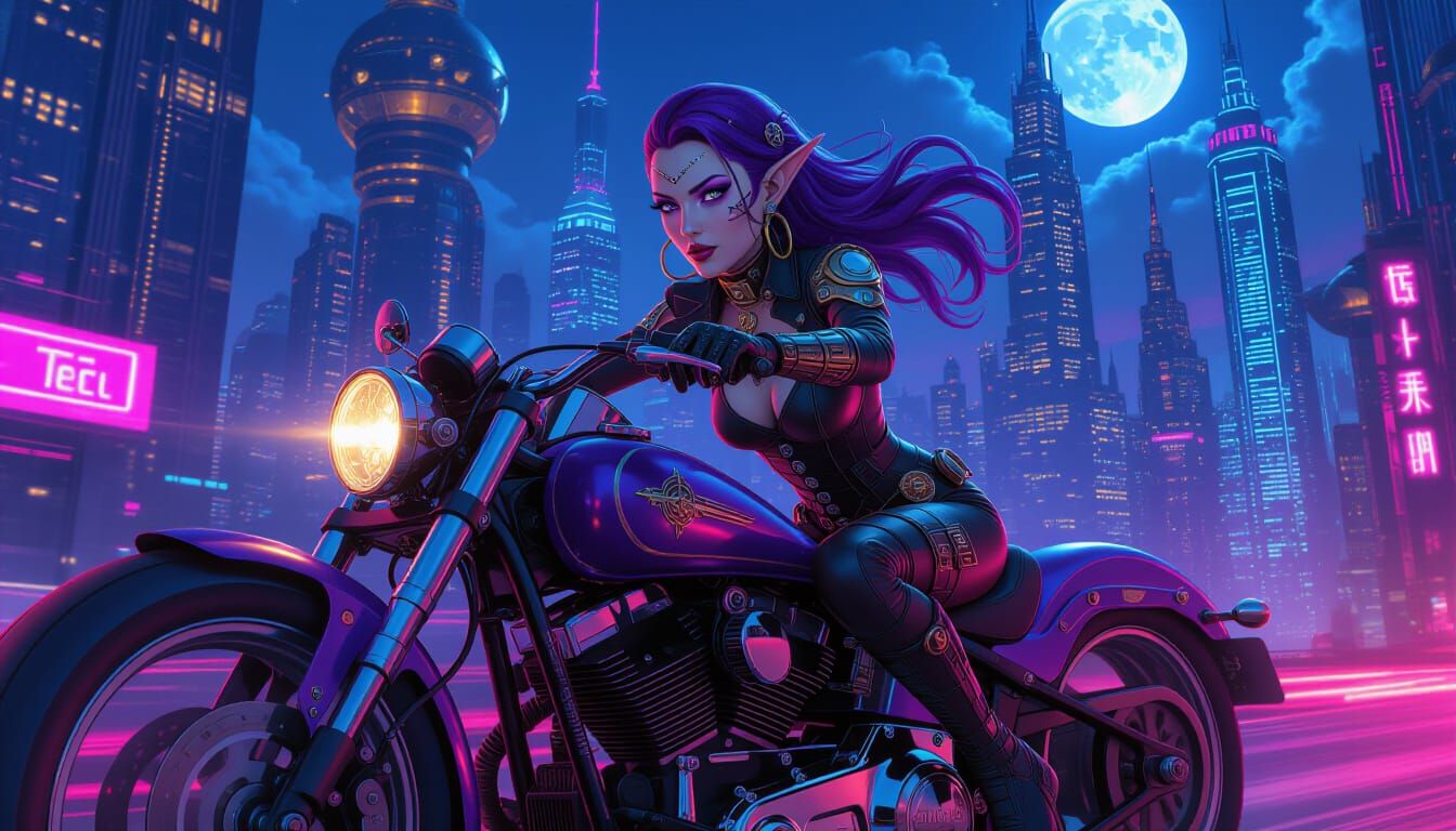 Elven Woman on Steampunk Motorbike in Neon City