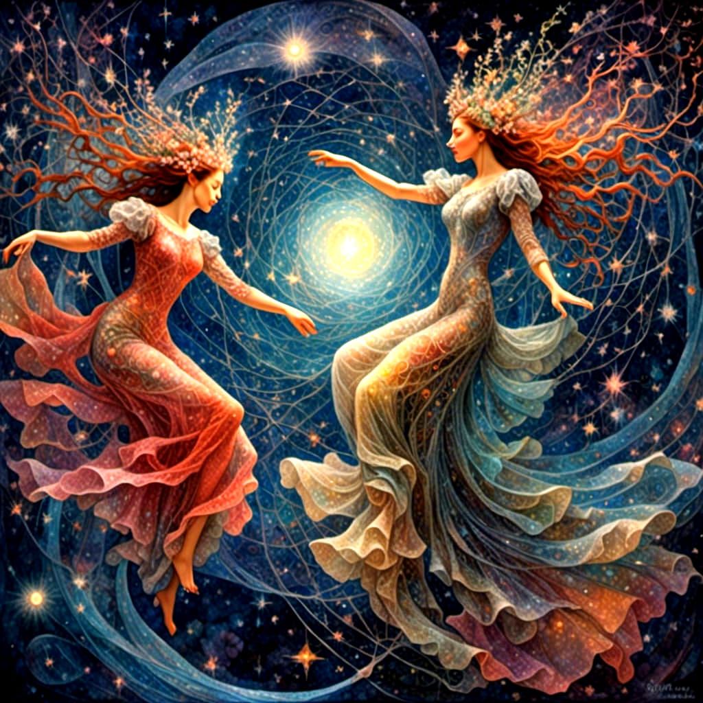 Ethereal Spirits Dance in Starry Sky, Surrealist Art