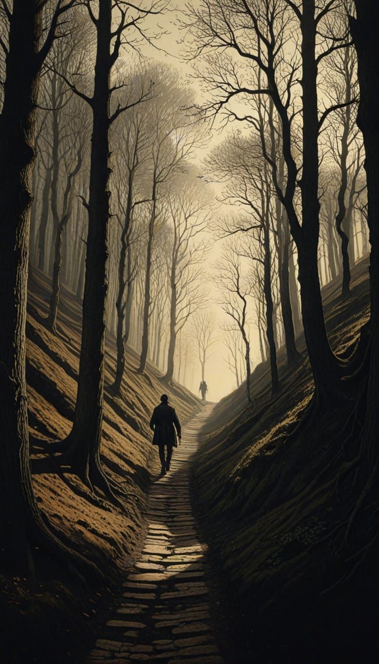 Man Walks Path in Gothic Etching Style