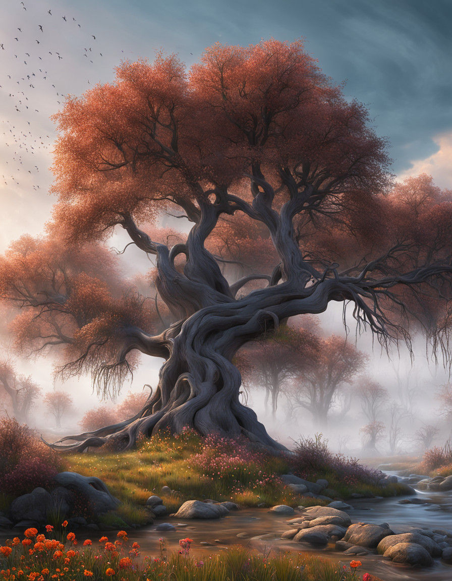 Misty Forest Monolith with Gnarled Tree and Wildflowers