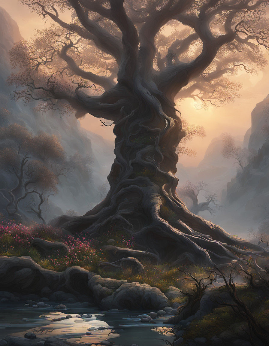 Twisted Tree Silhouette in Misty Stream Scene