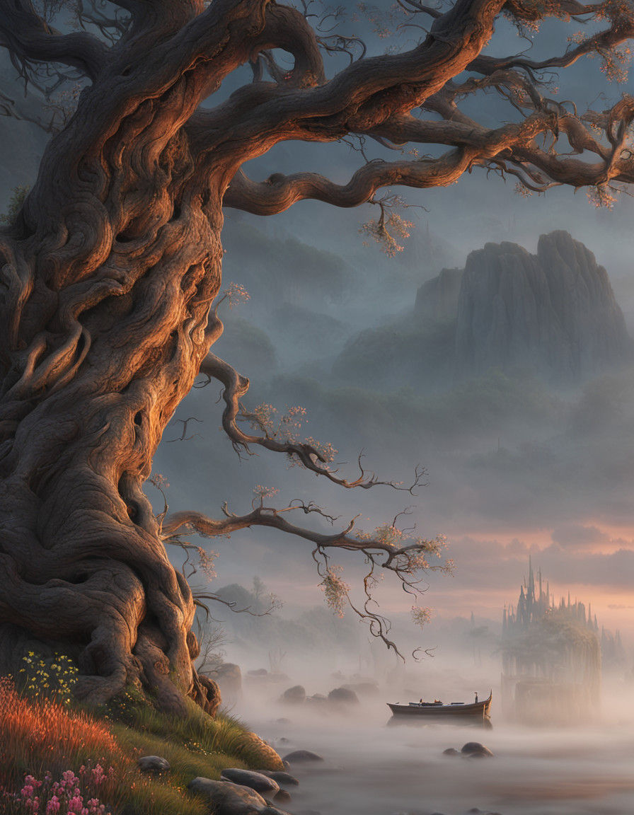 Ethereal Sunset Tree in Desolate Glen