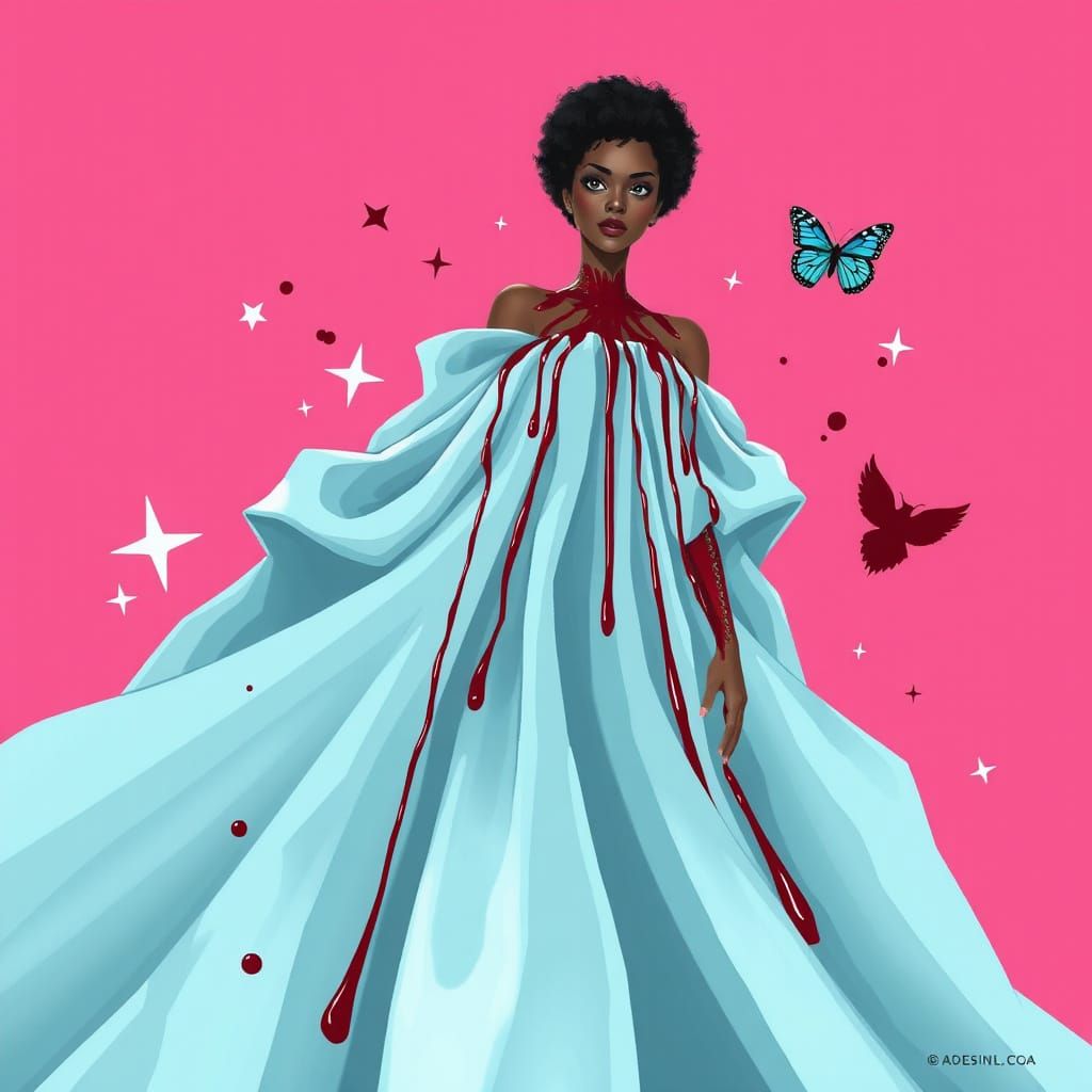 Woman in Dramatic Gown with Crimson Streaks