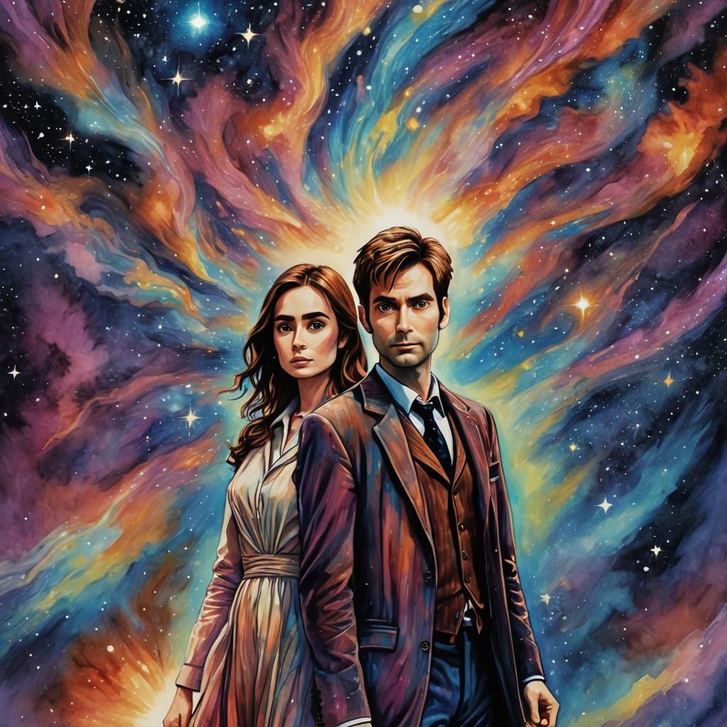 Astral Illustration of Two Figures in Cosmic Scene