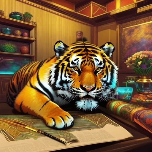 Hyper-Realistic Tiger and Vase in Golden Hour Light