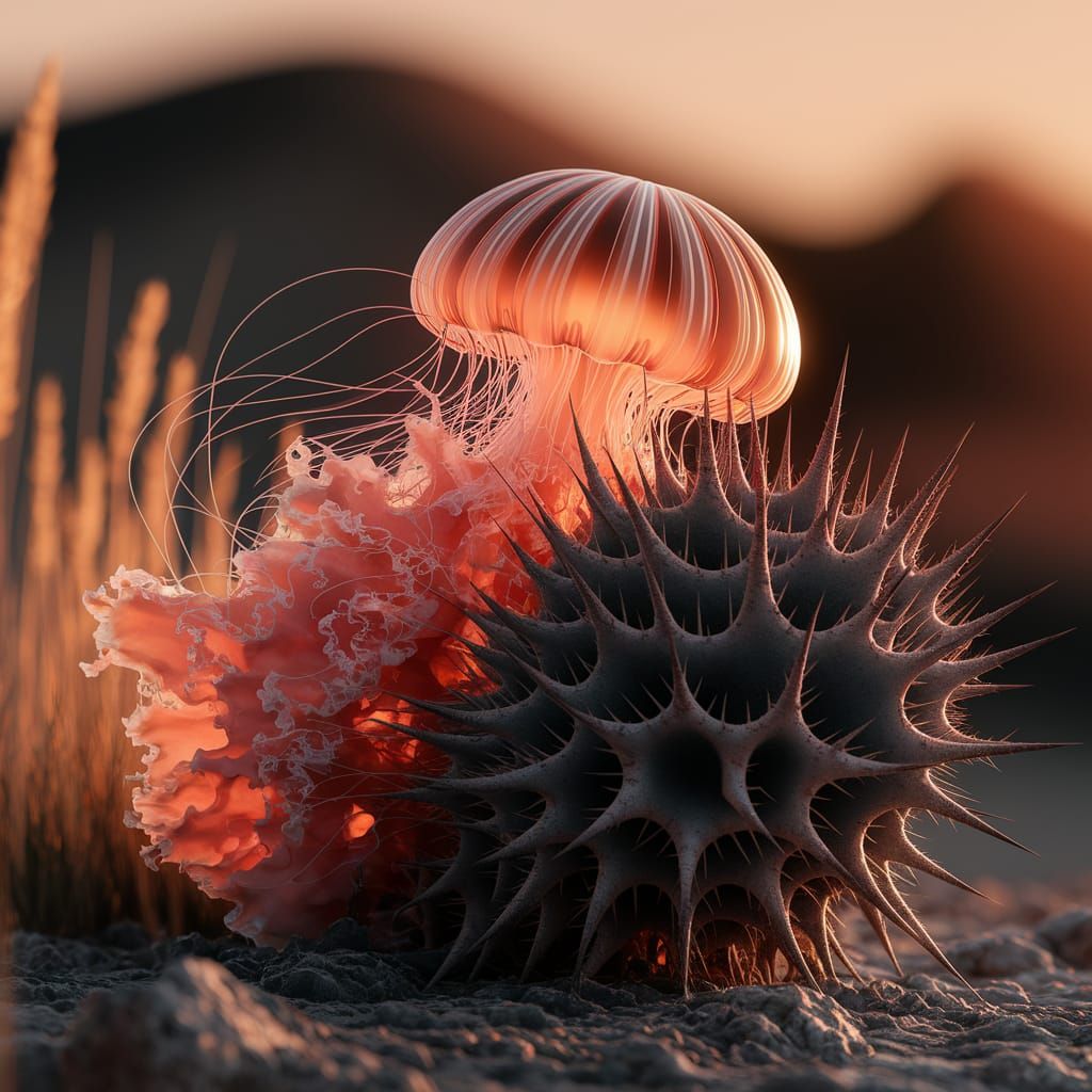 Luminous Jellyfish on Thornbush at Sunset, Art Nouveau Style