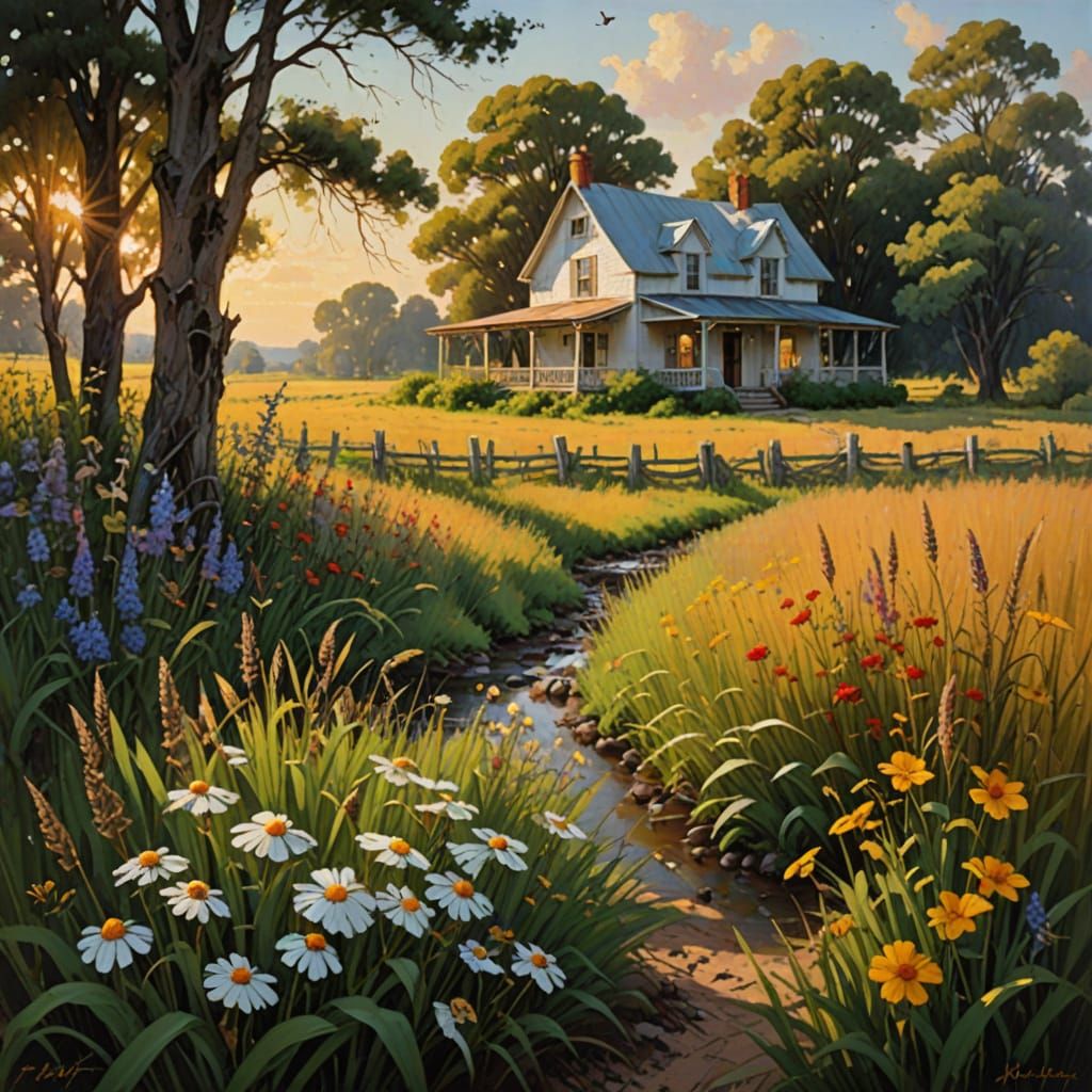 Farmhouse in Summer Field, Oil Painting