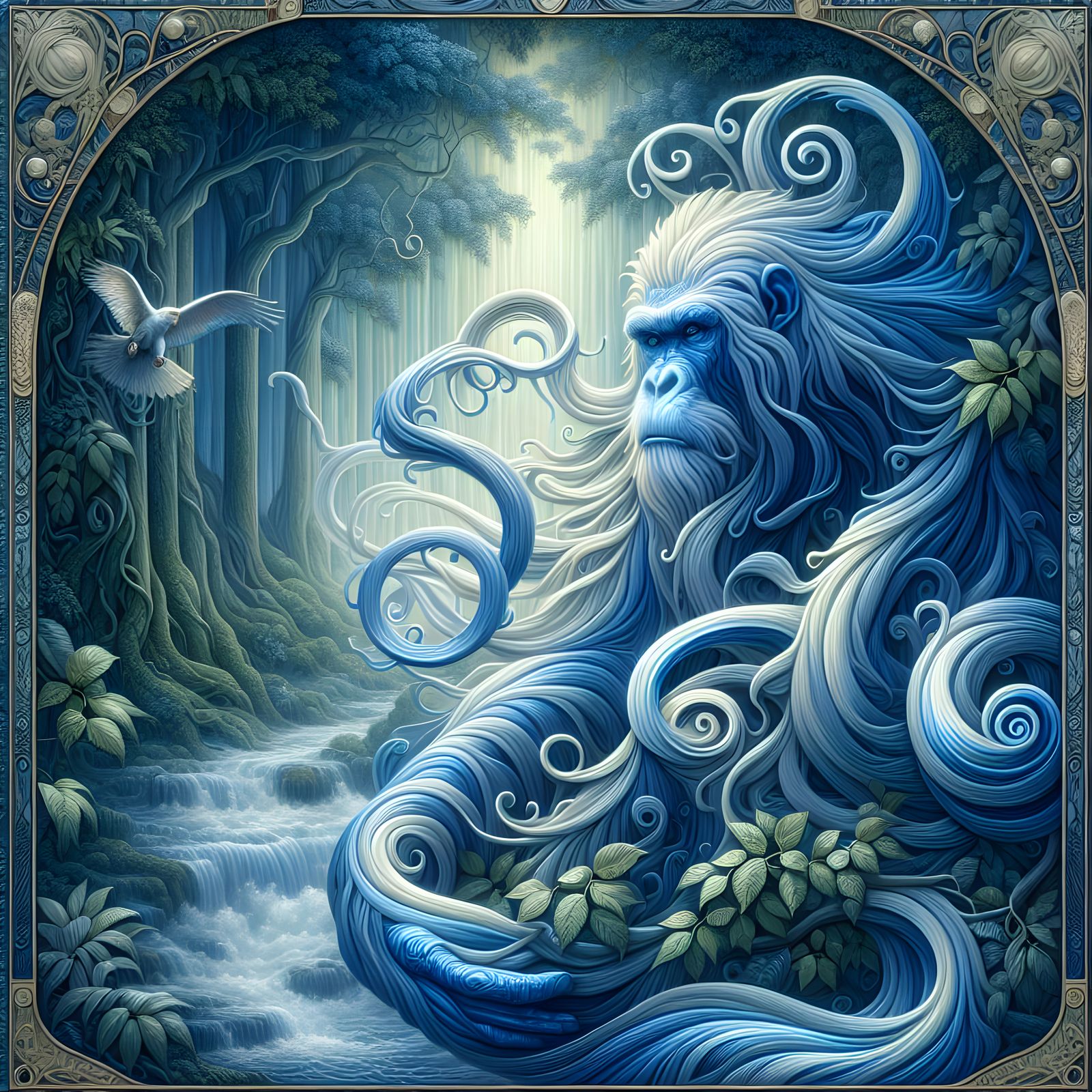 Surreal Art Nouveau Jungle Scene with Majestic Ape Magi
