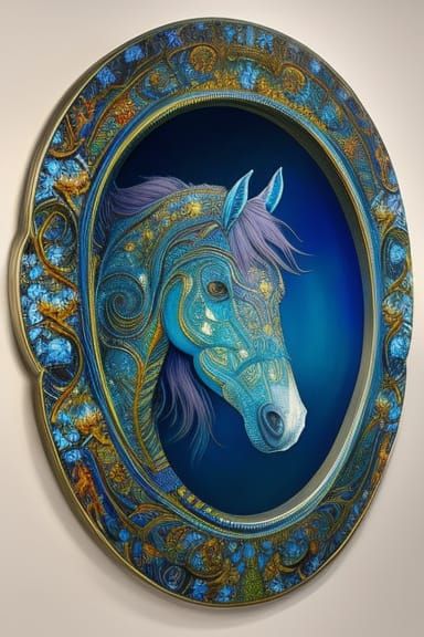Intricate Cyanotype Horse Portrait in Art Nouveau Style