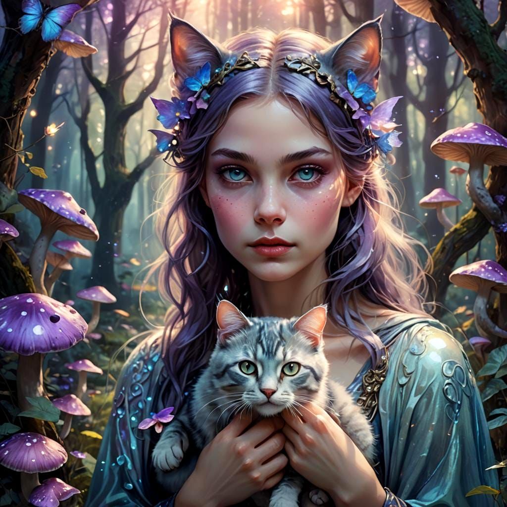 Ethereal Cat Woman with Cat in Mystical Forest