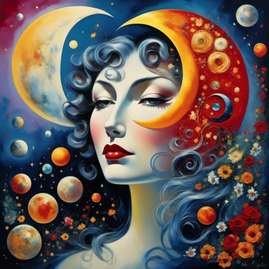 Surreal Moon Face in Space, Chagall-style Oil