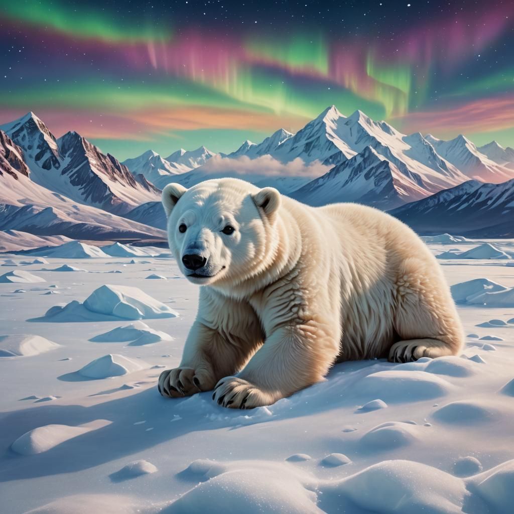 Hyperrealistic Polar Bear Cub in Arctic Landscape