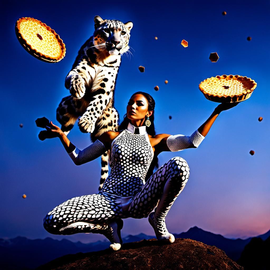 Snow Leopard Girl Juggling Pies in Ancient Art Style