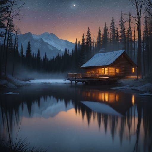 Rustic Cabin by Moonlit Lake at Dusk