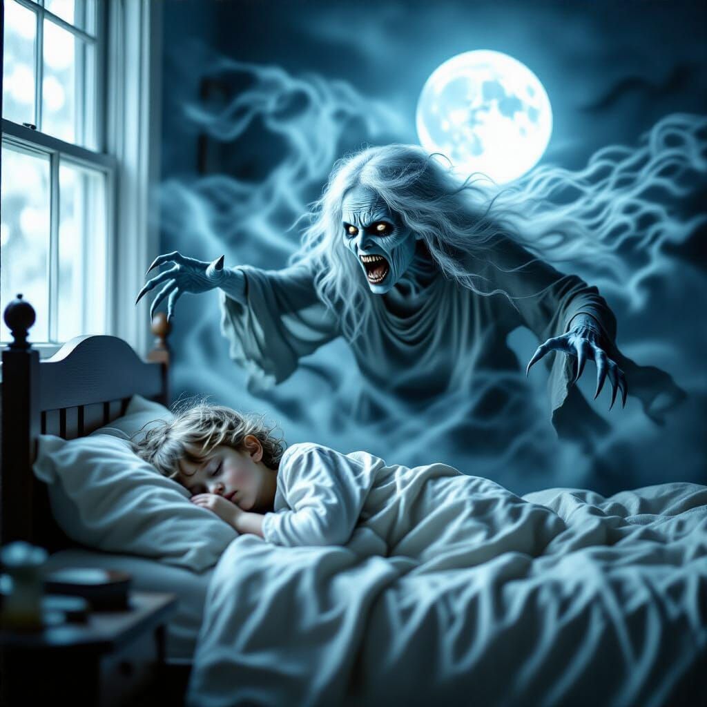 Dreamy Oil Painting: Banshee Approaches Sleeping Child