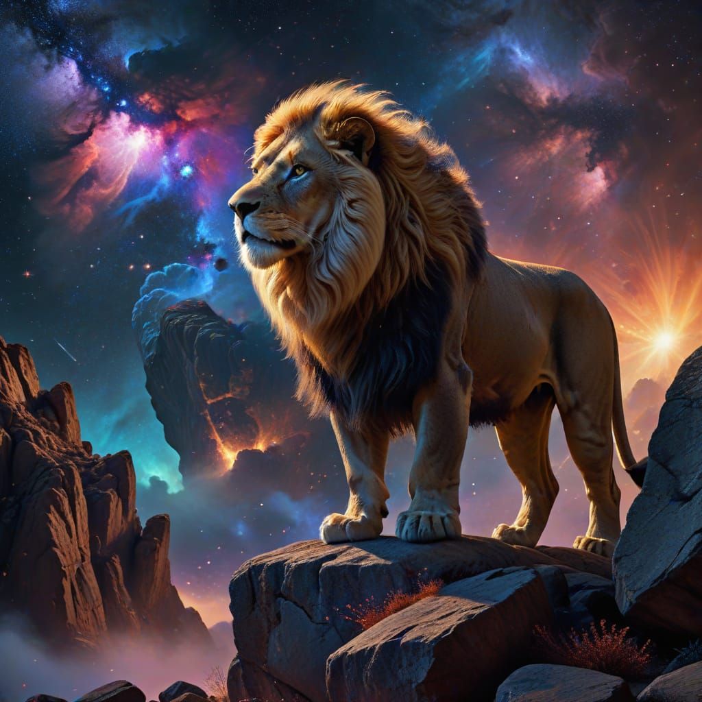 Majestic Starlight Lion Surveys Cosmic Nebula