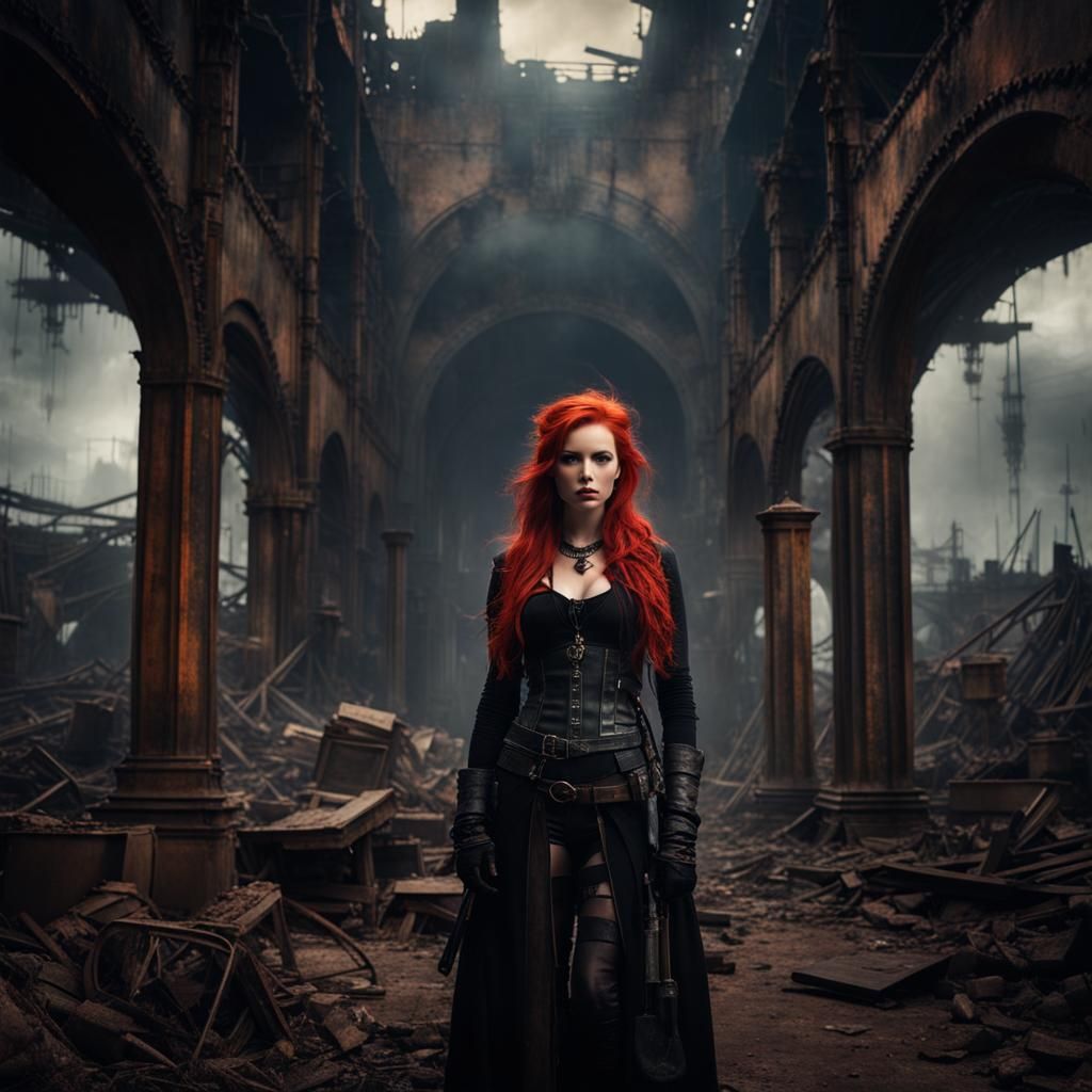 Gothic Redhead in Dystopian Wasteland: Cinematic Photography