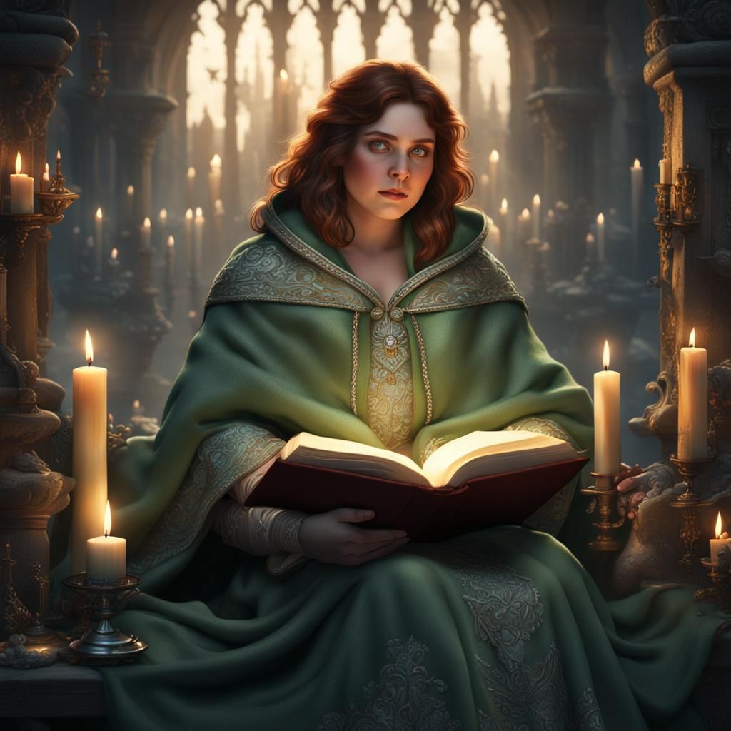 Mystical Woman Reading by Candlelight, Fantasy Art
