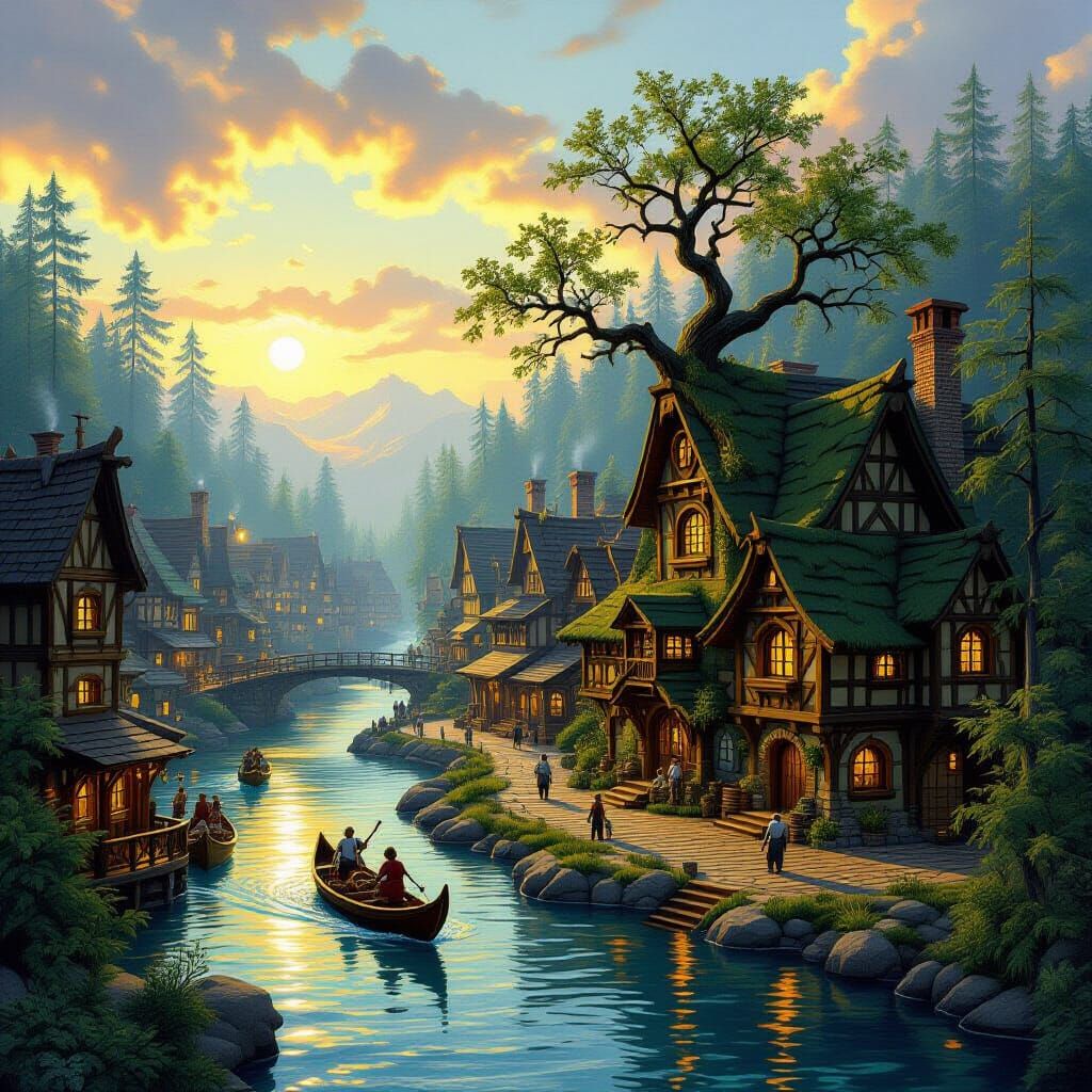 Bustling Oakwood Town at River Confluence