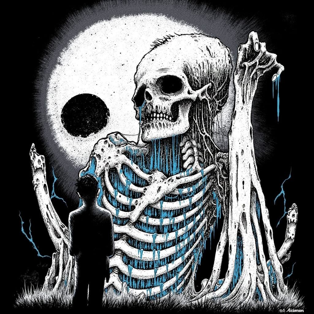 Macabre Ink Drawing of Skeleton Woman Crying Blue Tears