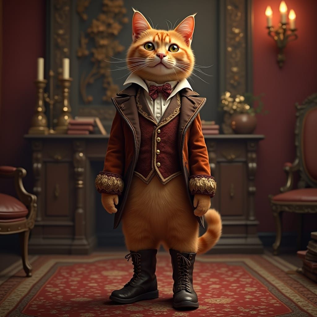 Hyperrealistic Cat Standing Upright in Ornate Study
