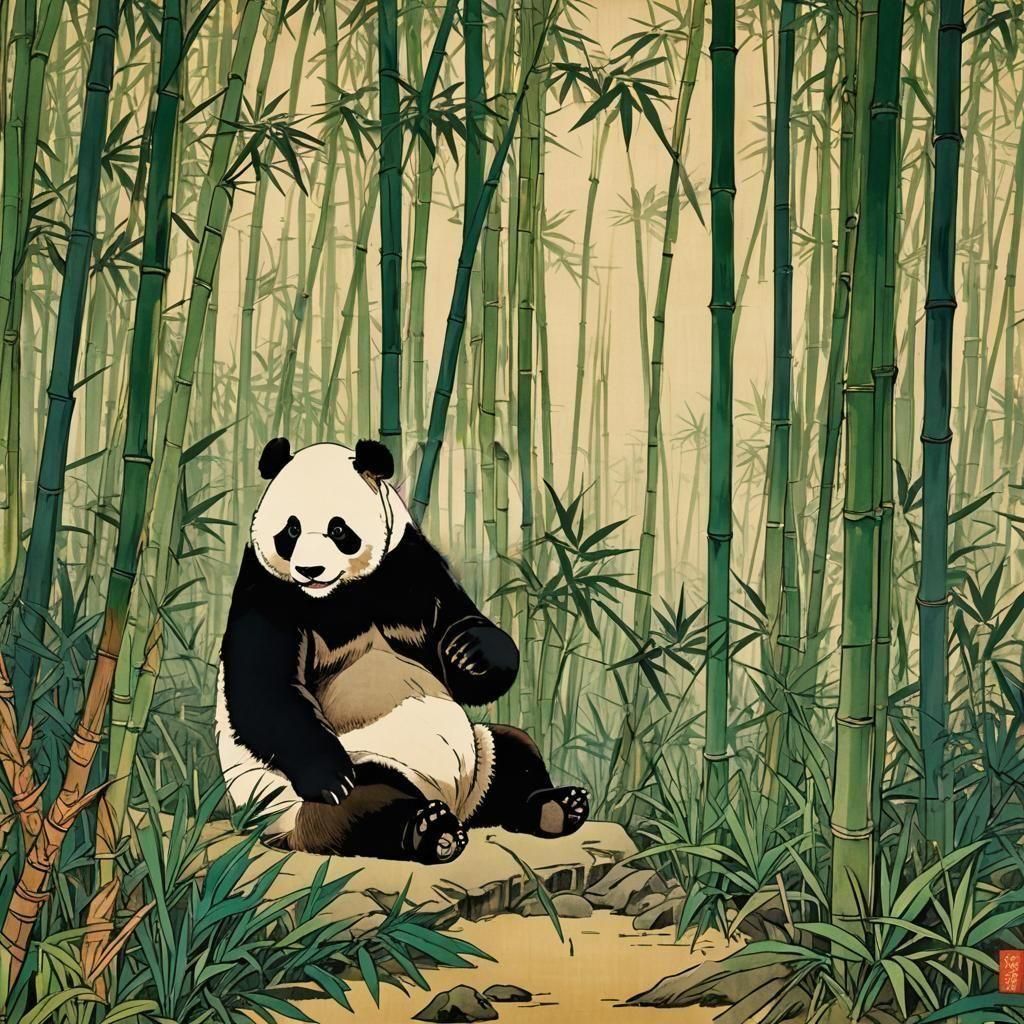 Panda in Bamboo Forest, Ukiyo-e Style