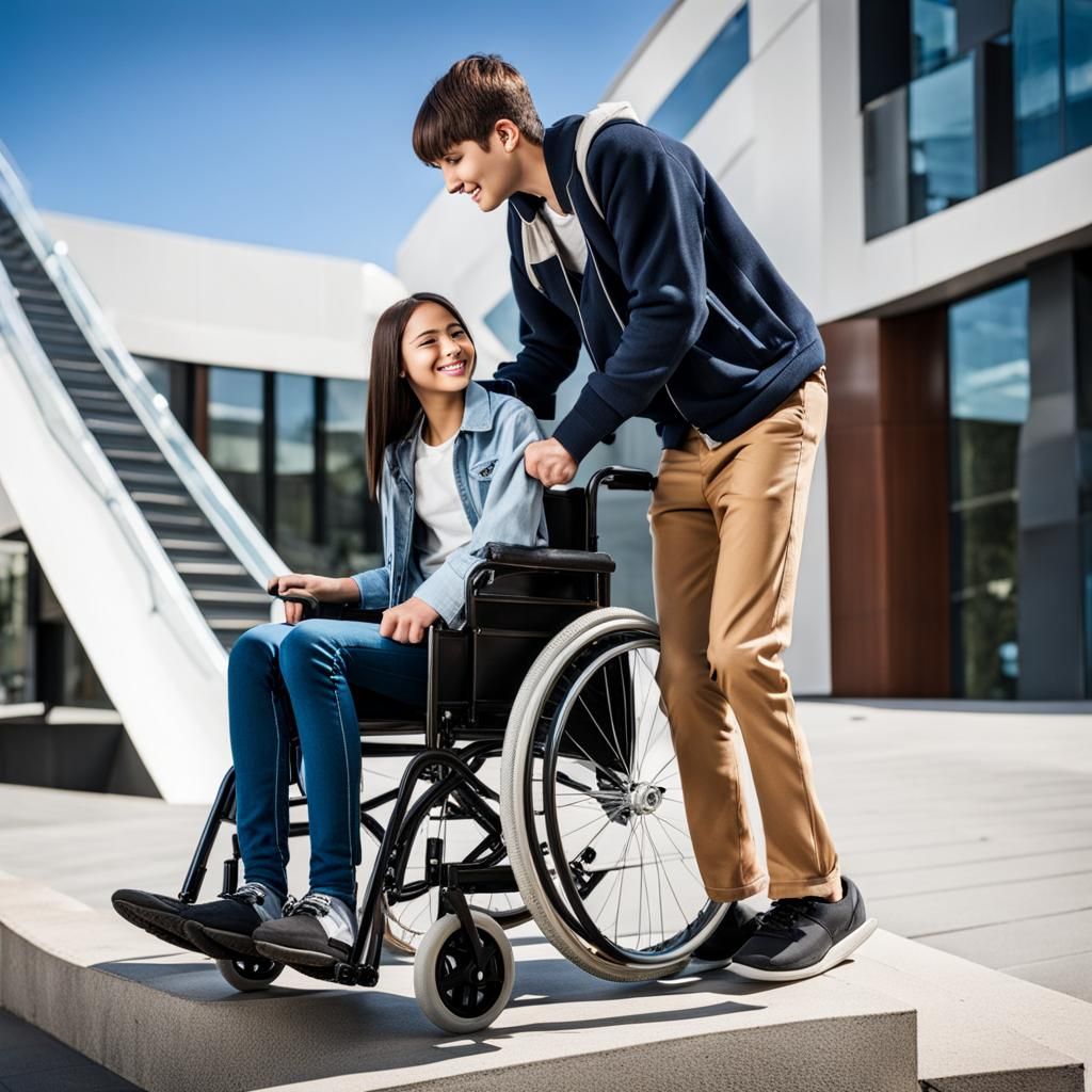 Teenagers: Boy Helping Girl in Wheelchair on Ramp