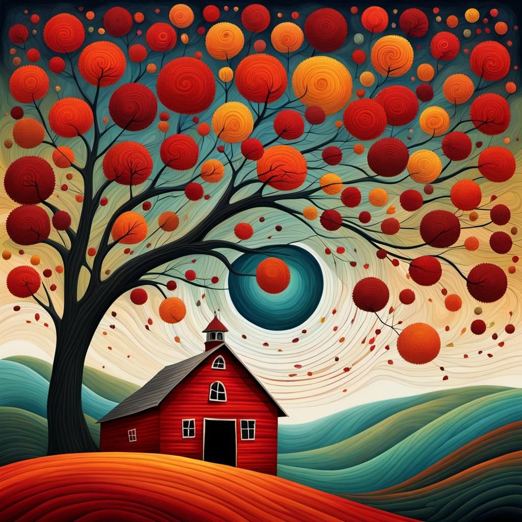 Autumn Landscape with Red Barn in Abstract Style